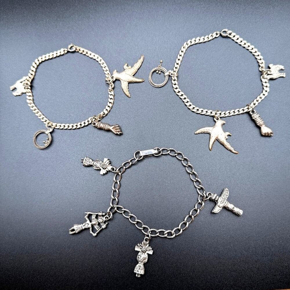 Vtg Lot 3 Silver Charm Bracelets Southwest Kachina Totem Bird Llama Figa Lasso